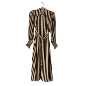 LK Bennett London Brown White Striped Long Sleeve Button Front Midi Dress 2